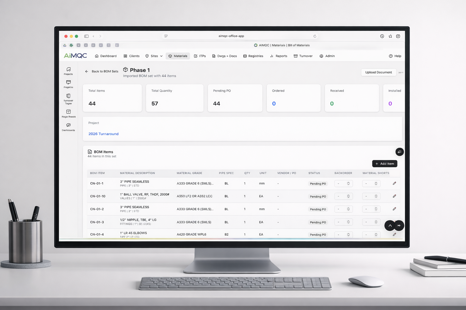 AiMQC bill of materials view on a single monitor