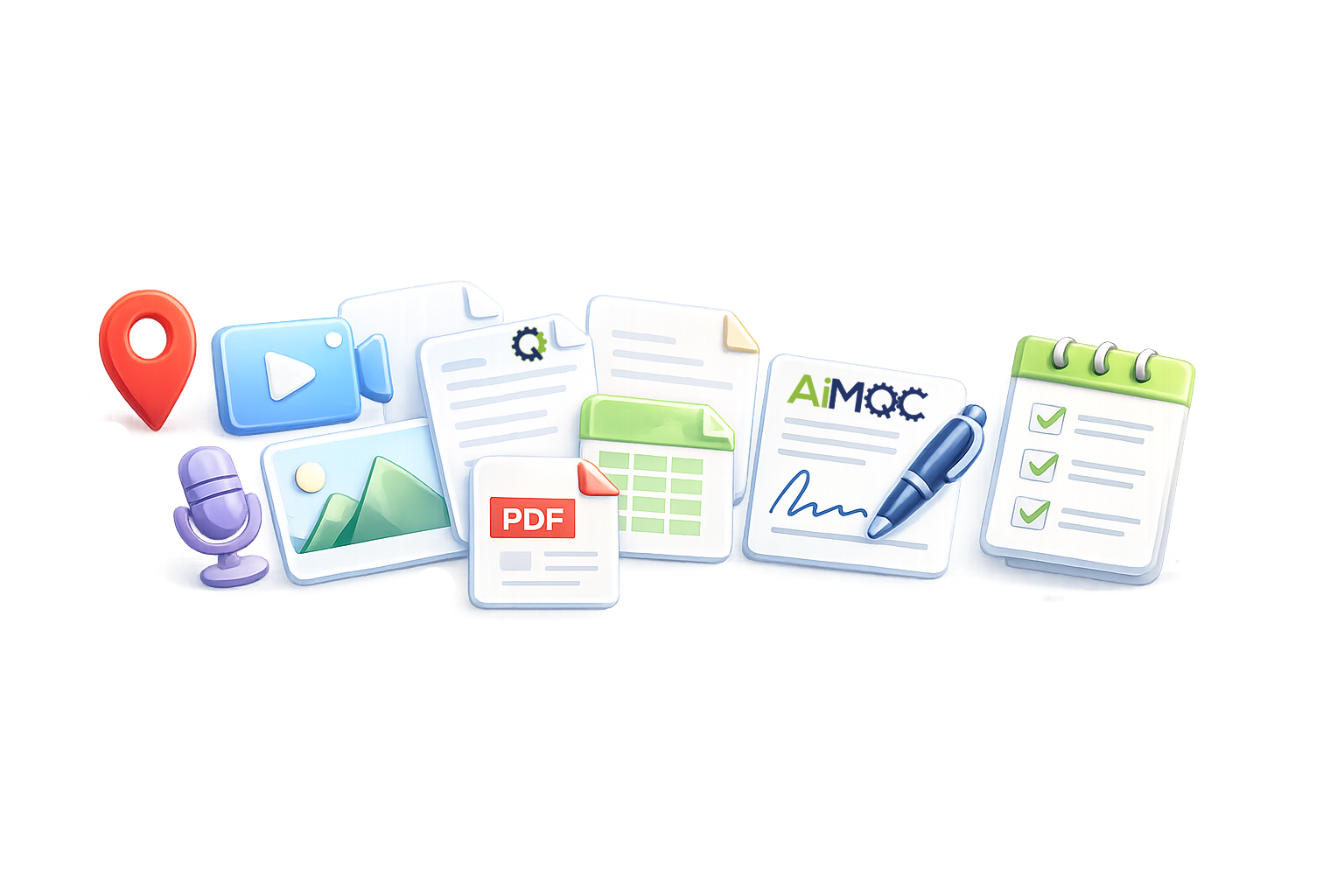 Wide collage of evidence types including location, video, audio, photo, document, spreadsheet, digital signature and checklist icons