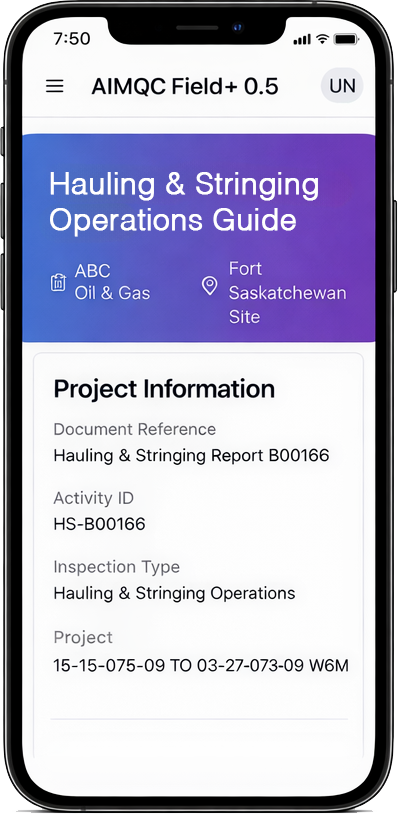 AiMQC project information on iPhone