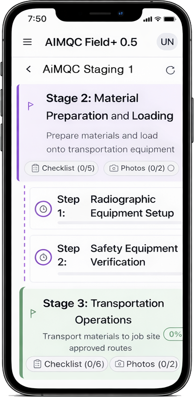 AiMQC stages workflow on iPhone