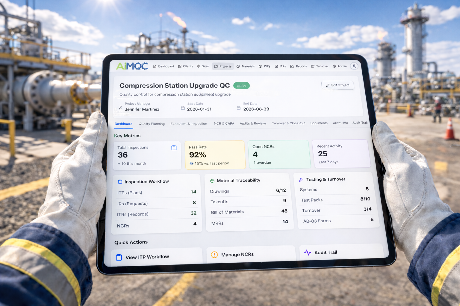 AiMQC project dashboard on iPad